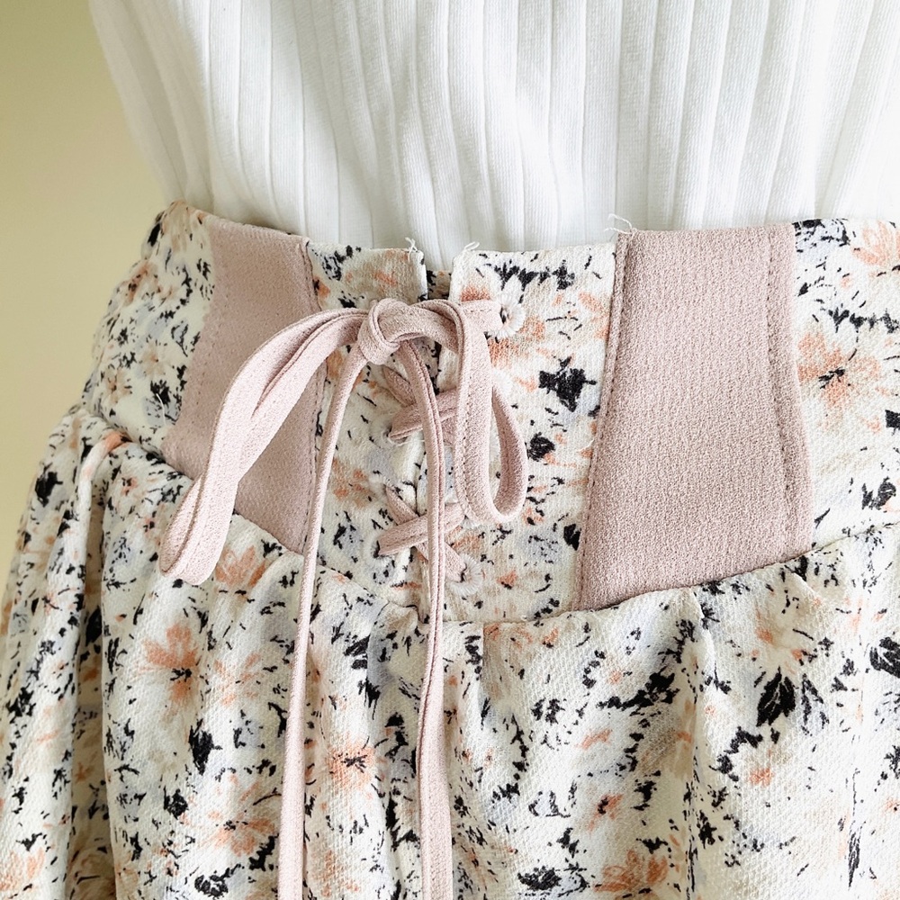 Tie-Front Floral A-Line Midi Skirt in Blush and Cream